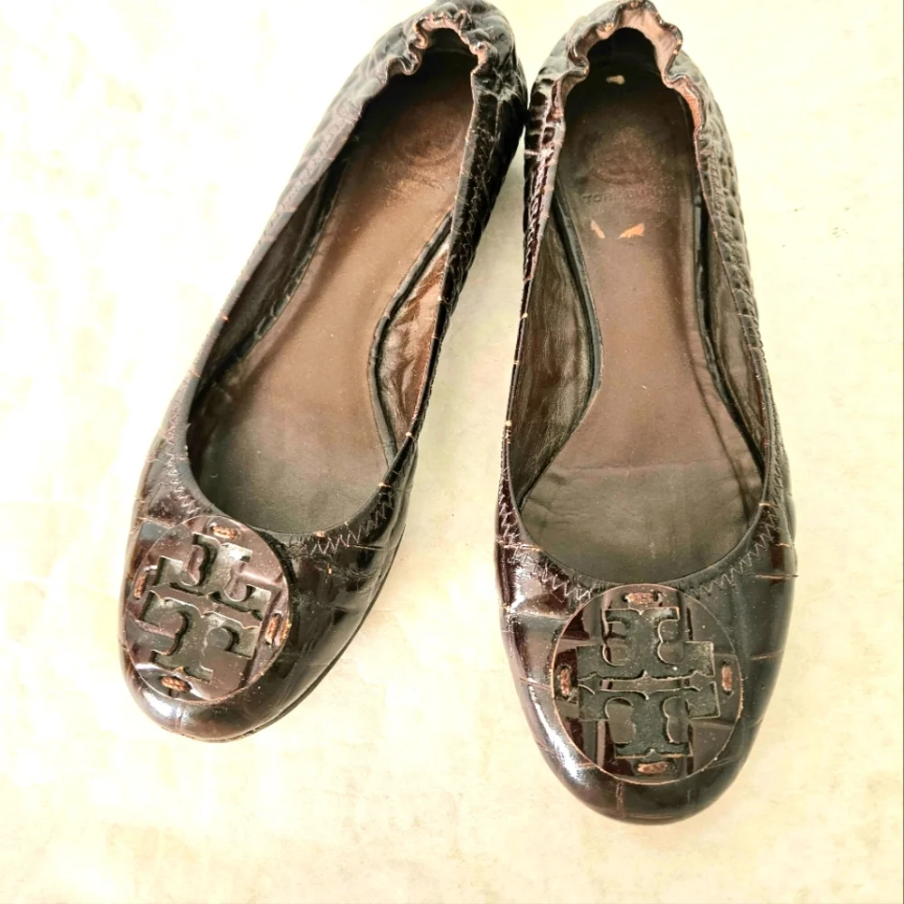 Tory Burch Brown Patent Leather Embossed Ballet Flats